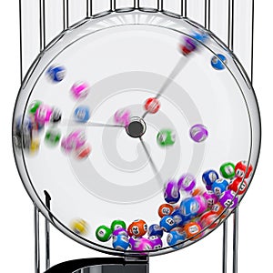 Lottery machine with lottery balls in motion, 3D rendering