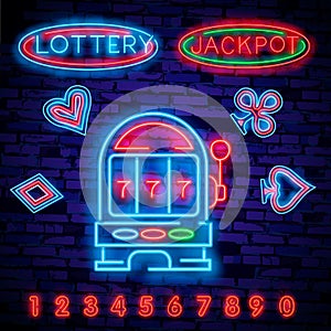 Lottery is a neon sign. Neon logo, emblem gambling, bright banner, neon casino advertising for your projects. Night light