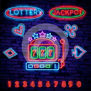 Lottery is a neon sign. Neon logo, emblem gambling, bright banner, neon casino advertising for your projects. Night light