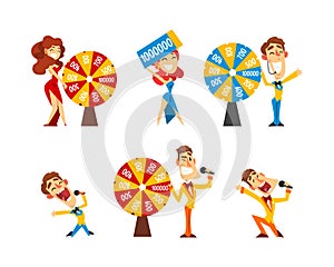Lottery Show with Man Host with Microphone, Spinning Roulette Wheel and Check Vector Set
