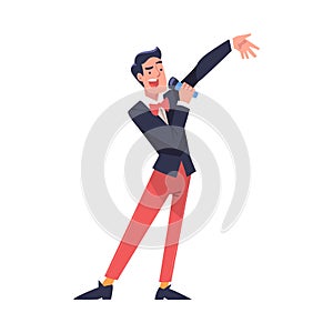 Lottery with Smiling Man Presenter with Microphone Announcing Winner Vector Illustration