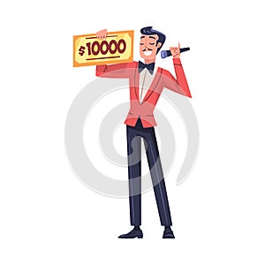 Lottery with Smiling Man Presenter with Microphone and Cheque with Lump Sum Announcing Winner Vector Illustration