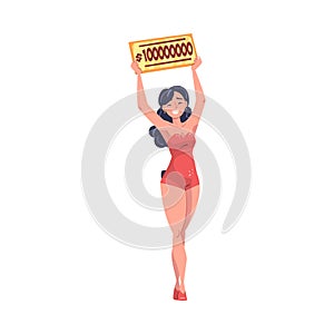Lottery with Smiling Woman Presenter Holding Cheque with Lump Sum for Winner Vector Illustration