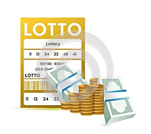 Lottery ticket and money, close up illustration