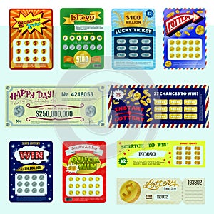 Lottery ticket vector lucky bingo card win chance lotto game jackpot set illustration lottery gaming tickets isolated on