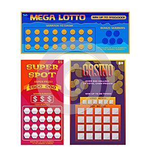 Lottery ticket vector lucky bingo card win chance lotto game jackpot ticketing set illustration lottery gaming tickets