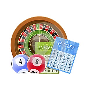 Lottery tickets, bingo, lotto, roulette. Balls with numbers, drawing prizes.