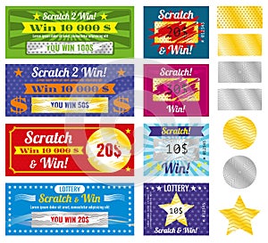 Lottery tickets of scratch and win with effect from marks. Vector set