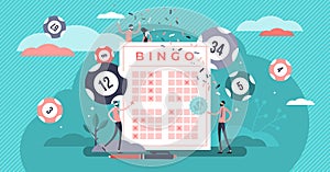 Lottery vector illustration. Flat tiny bingo game win luck persons concept.