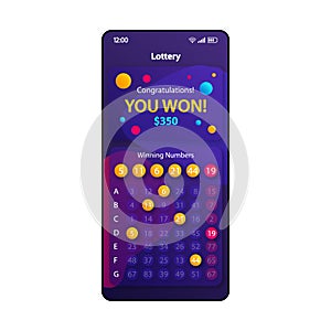 Lottery victory smartphone interface vector template. Mobile app page violet design layout. Winning numbers combination