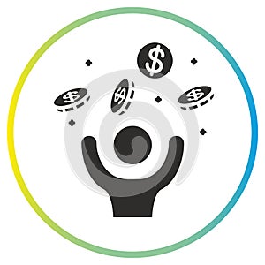 lottery winning icon, win jackpot, happy human with explosion coins, flat symbol