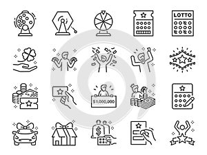 Lotto line icon set. Included the icons as lottery, raffle, draw, jackpot, rich, and more.