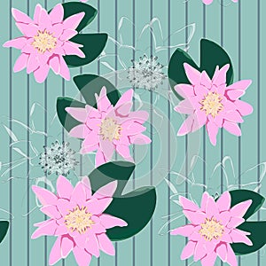 Lotus background. Floral pattern with pink water lilies. Seamless nenuphar cute.