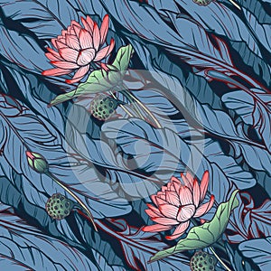 Lotus background. Floral seamless pattern with water lilies and banana leaves on deep blue background. Diagonal rhythm.