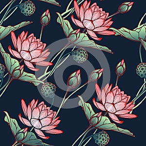 Lotus background. Floral seamless pattern with water lilies on deep blue background.