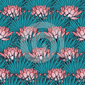 Lotus background. Floral seamless pattern with water lilies and fan palm tree leaves on deep blue background.