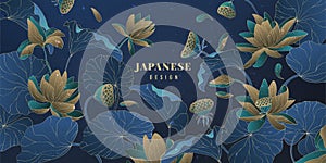 Lotus background. Gold blossom pattern, Japan card design, spring design for yoga, luxury wall art or wallpaper