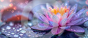 Lotus Bloom with Dew & Rainbow Bokeh. Concept Nature Photography, Flower Portraits, Water Droplets,