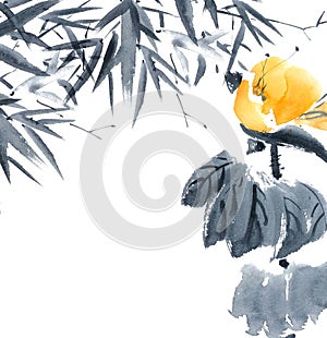 Lotus bud and bamboo. Flowers illustration.. photo