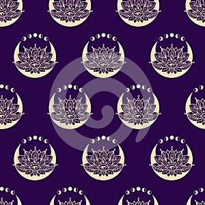 Lotus and crescent moon seamless pattern. Sacred Geometry background.