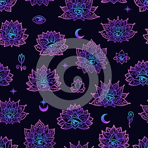 Lotus and crescent moon seamless pattern. Sacred Geometry background.