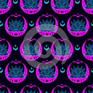 Lotus and crescent moon seamless pattern. Sacred Geometry background.