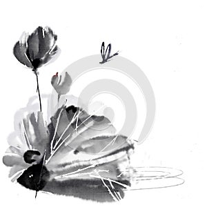 Lotus and the dragonfly ink brush painting
