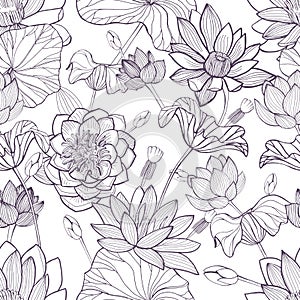 Lotus floral seamless pattern. Hand drawn monochrome background.