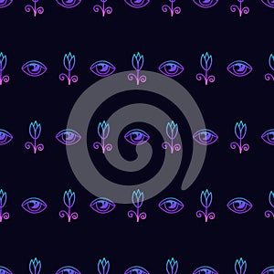 Lotus flower and all seeing eye seamless pattern. Sacred Geometry background.