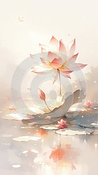 Lotus flower in bloom, glowing softly against a muted watercolor backdrop with floating petals and a serene ambiance
