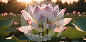 Lotus flower blooming in the pond at sunset. Nature background