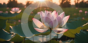 Lotus flower blooming in the pond at sunset, Thailand.