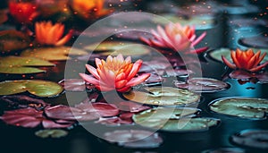 Lotus flower blossom floating on tranquil pond generated by AI