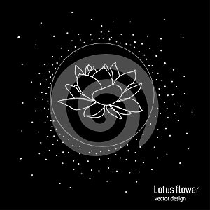 Lotus flower in a circle on a black background.Drawing in minimalistic single line style