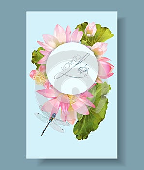 Lotus flower and dragonfly vertical botany banner