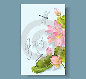 Lotus flower and dragonfly vertical botany banner