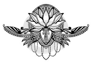 Lotus flower ethnic symbol. Black color in white background.Tattoo design motif, decoration element. Sign Asian spirituality,