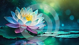 Lotus flower on fairy blue green water background