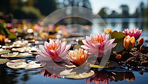 Lotus flower floating on tranquil pond, reflecting beauty of nature generated by AI