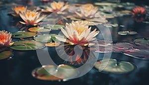 Lotus flower floating on tranquil pond water generated by AI