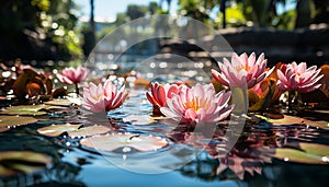 Lotus flower floating on water, symbol of beauty and spirituality generated by AI