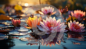 The lotus flower floats on tranquil pond, symbolizing spirituality generated by AI