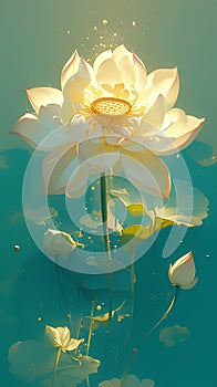 Lotus flower, glowing in a mystical underwater scene with bubbles and faint outlines of leaves and buds