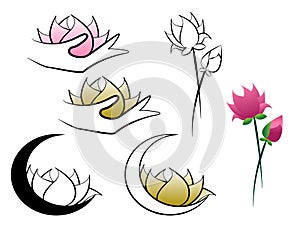 Lotus flower held by moon and hands abstract logo