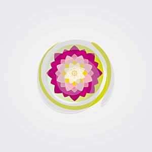 Lotus Flower Icon Logo Design - Nature, Peace, Circle Asian Garden Green and Pink Colors