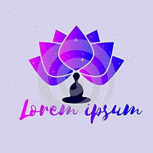 Lotus flower logo with person in yoga position, contains gradient and stars