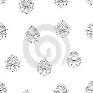 Lotus flower monochrome geometrical vector illustration is isolated on a white background. Seamless pattern for design