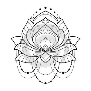 Lotus flower monochrome geometrical vector illustration is isolated on a white background. Symmetric decorative element with east photo