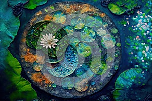 Lotus flower in pond from above fine art. Water lily on dark paint canvas texture top view wallpaper. Japanese zen garden