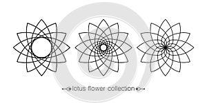 Lotus flower set collection, floral mandala, stylized circular ornament, line art floral logo tattoo. Flower blossom symbols sign